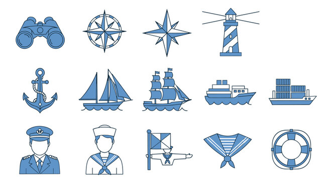 A collection of nautical icons and symbols in blue on a white background