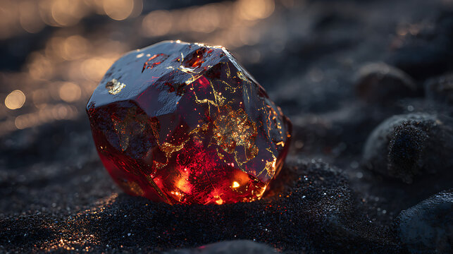 Close-up of glowing red crystal cracked and oozing with gold, isolated on transparent background