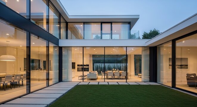 Modern house exterior view large glass windows show interior design concept