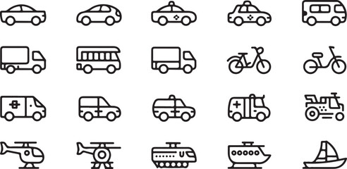 Black and white line of various vehicles and transportation modes line vehicles cars © Digital Art