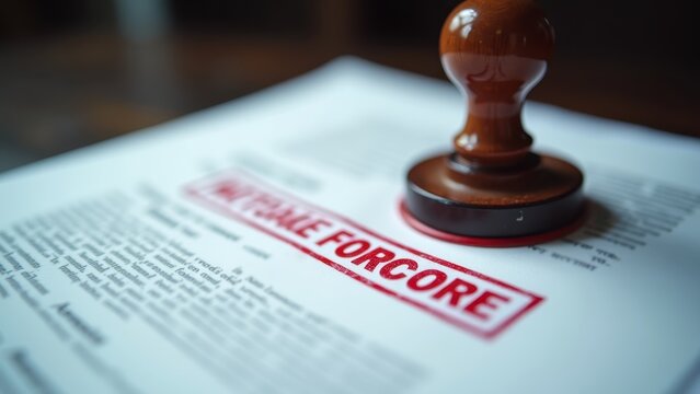 Wooden rubber stamp pressing red foreclosure text on white legal document, official paper with printed text, concept of law, finance, real estate