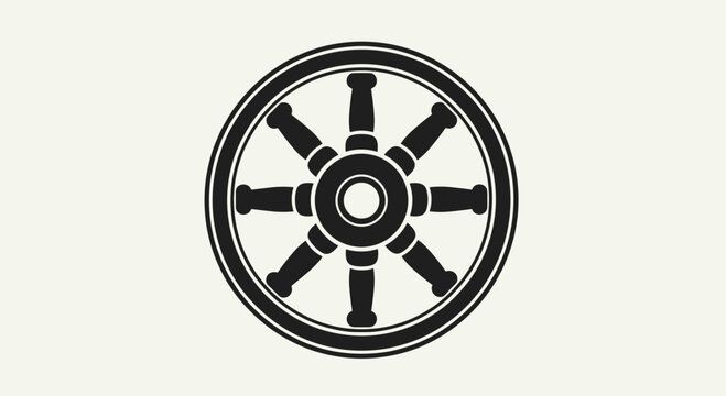Buddhist wheel of dharma symbol in black color on beige background, Generative AI.