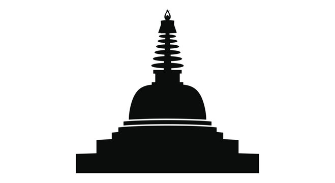 Black silhouette of a buddhist stupa or dagaba with a tall spire, Generative AI.