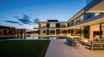 Obraz premium Modern luxury home exterior with swimming pool and nighttime ambiance