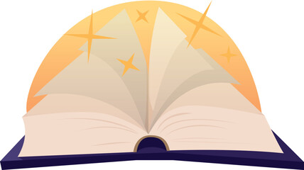 Naklejka premium An open book icon with blank pages on a yellow round background with glitter.