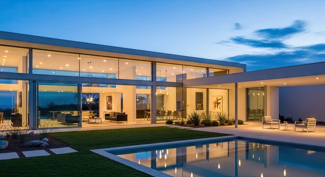 Modern luxury home exterior with pool and large windows at dusk