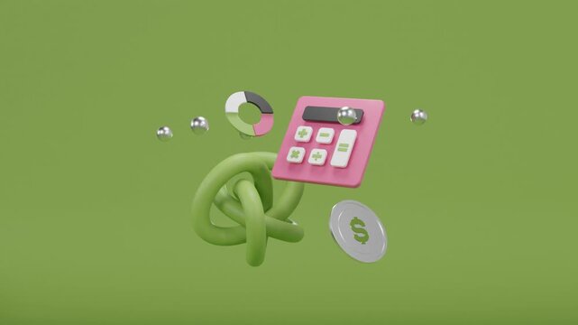 3D animation of minimalist calculator with silver dollar coin and geometric elements rotating on a green background. Financial calculation and currency exchange concept for banking promotions