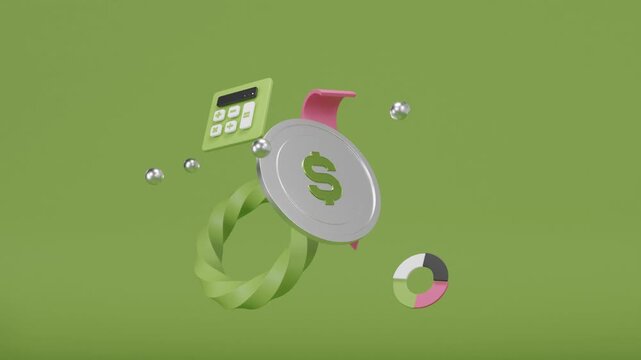 3D motion graphics featuring a silver dollar coin, geometric shapes, minimalist calculator, and dynamic orange arrow on a green background. Financial growth and profit calculation concept