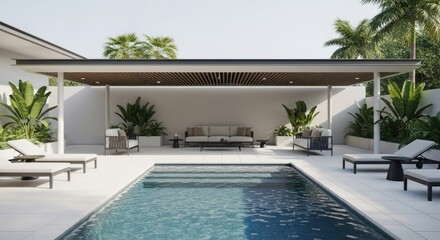 Fototapeta premium Modern outdoor living space with pool lounge area and tropical landscaping