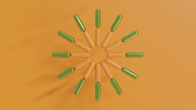 Abstract 3d background featuring pairs of green and orange capsules arranged in a circular formation, rotating smoothly on an orange surface for modern minimal motion design and stylish visual