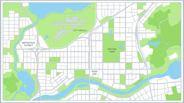 Stylized City Map Illustration with Metropolis District, Central Park, and River Side Labels in Flat Design