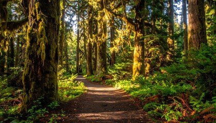 Obraz premium Lush Forest Trail - A Pathway Through Natures Embrace.