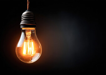 A vintage incandescent light bulb glowing warmly against a dark background, highlighting its filament and classic design.