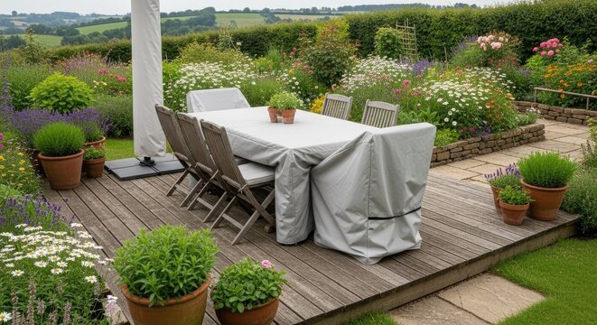 Outdoor dining set covered on wooden deck in a flourishing garden setting