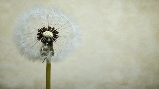 A close-up of a dandelion seed head with detailed structure, soft background