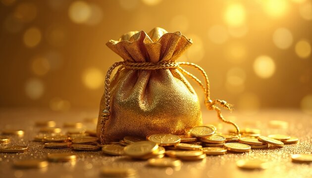 Golden bag full of coins on glitter surface. Shiny treasure pouch spills wealth and fortune onto sparkling gold background. Rich prize bounty concept.