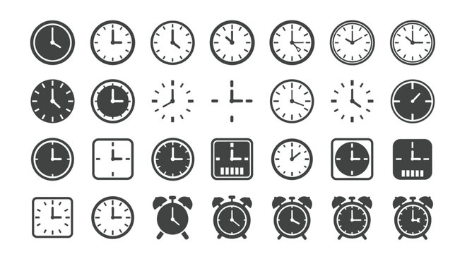 A collection of various clock and alarm clock icons in black and white