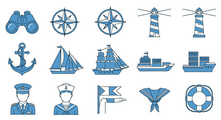 A collection of nautical icons and symbols in blue and white colors © MdShakib