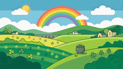Obraz premium Vibrant Rainbow Spanning Across Rolling Green Hills and Fields with Houses in Countryside Landscape View