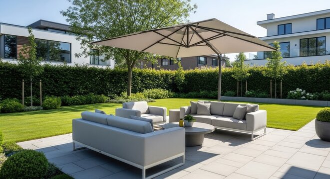 Outdoor patio furniture beneath a large parasol in a manicured garden
