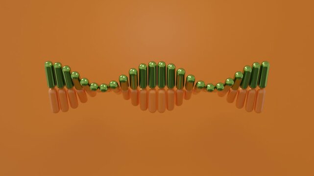 Abstract 3d background showing pairs of green and orange capsules aligned in a linear pattern, rotating in a rhythmic wave movement on an orange backdrop for clean modern digital compositions