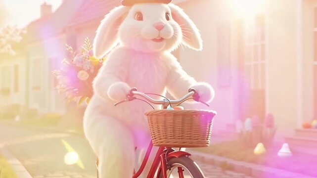 Anthropomorphic Easter bunny riding vintage bicycle with floral basket &mdash; joyful, whimsical spring celebration of renewal and delight