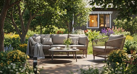 Outdoor patio furniture set surrounded by lush greenery and sunlight