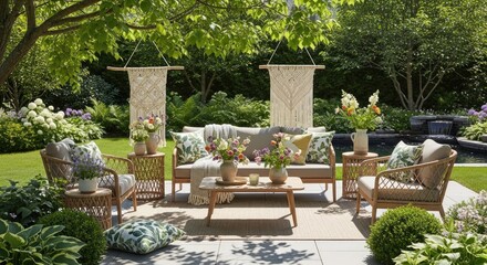 Fototapeta premium Outdoor patio setting with seating area plants and decorative elements