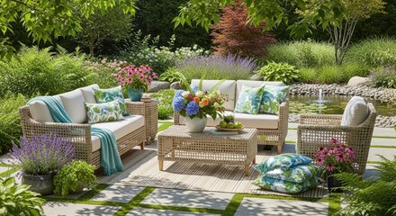 Fototapeta premium Outdoor patio with comfortable furniture and colorful plants in a garden setting