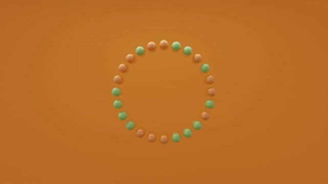 Abstract 3d background featuring alternating green and orange capsules arranged in a perfect circle, rotating elegantly on an orange backdrop, ideal for modern visual design and minimal motion