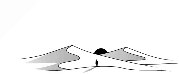 Silhouette of a lone figure stands in a vast desert landscape with sand dunes © Bablas