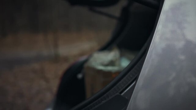 A person opens the rear trunk lid of a parked vehicle on a street within a serene park setting by releasing the lock and lifting the handle, accessing the storage compartment of the car