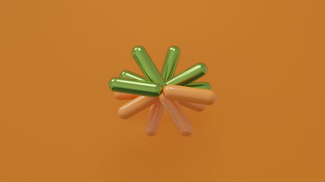 Abstract 3d background where pairs of green and orange capsules rotate together on an orange surface, creating a minimal futuristic composition ideal for motion graphics, design visuals, and branding