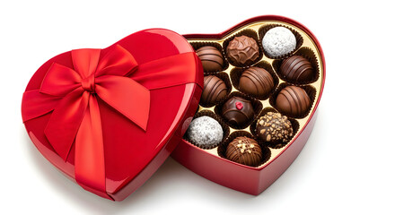 A red heart shaped box filled with assorted chocolate candies