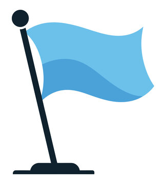 Simple blue flag vector icon with dark pole and base, waving gently, ideal for location markers, goals, or achievement graphics in web design and presentations.