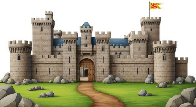 A detailed illustration of a medieval stone castle with a flag