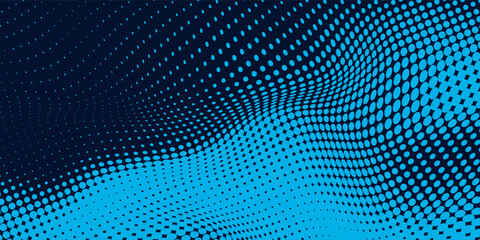 Fototapeta premium Abstract halftone wave pattern made of turquoise dots on a dark blue background, optical illusion effect