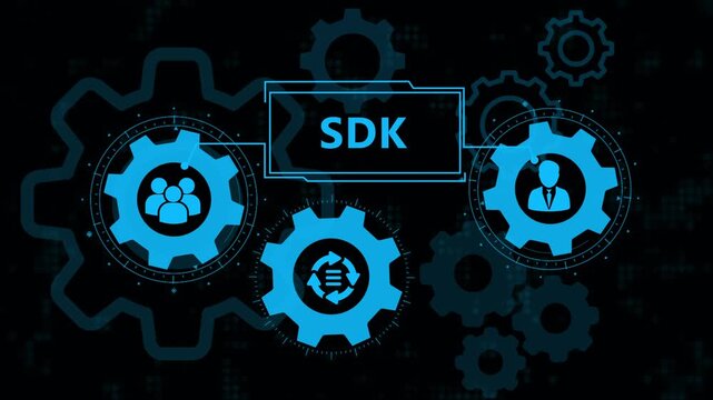 Software Development Kit SDK Concept with Glowing Blue Gears and Icons Representing Technical Integration, Programming, and Digital Workflow on a Dark Background.