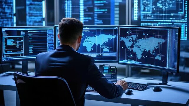 A man in a suit monitors data on multiple screens displaying code and world maps