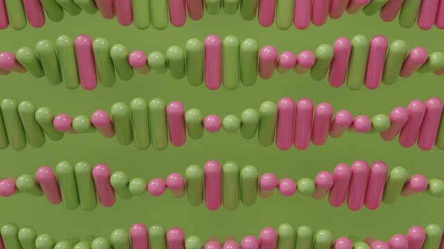 Green and pink capsules moving in a synchronized wave motion across a green plane in a refined 3D abstract background, perfect for tech branding, medical presentations, and modern digital compositions