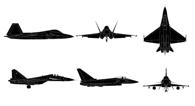 Advanced Stealth Fighter Jet Multi-Angle Vector Silhouette Set