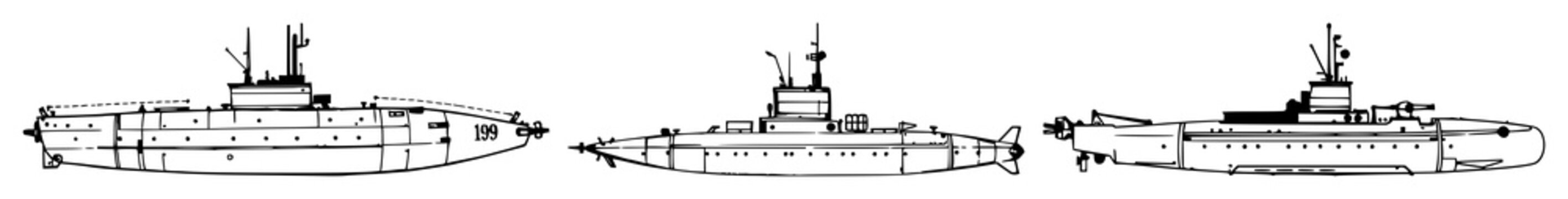 Submarine blueprint set with vintage ink sketch detailing 19th-century steampunk design featuring submarine, naval, marine engineering with fine line detail and white background