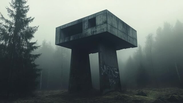 A monolithic concrete structure in a misty forest, with graffiti, stands against a moody, ethereal backdrop