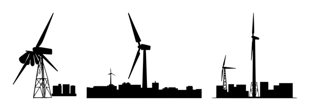 Vertical axis wind turbine set with a solid black silhouette featuring renewable energy, urban power generation, sustainable technology with modern design and geometric shape