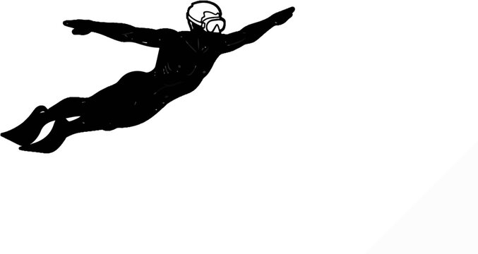Silhouette of a person in a wetsuit and snorkel gear swimming