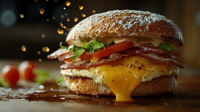 A close up of a breakfast sandwich being bitten into with melted cheese oozing out and bacon layers visible on a wooden surface with cherry tomatoes in the background.