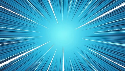 Fototapeta premium Blue comic book style background with speed lines effect radiating from center. Dynamic radial burst with halftone dots. Energetic abstract graphic design.