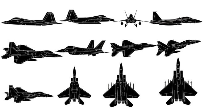 Tactical Military Fighter Jet Vector Silhouette Reference Set