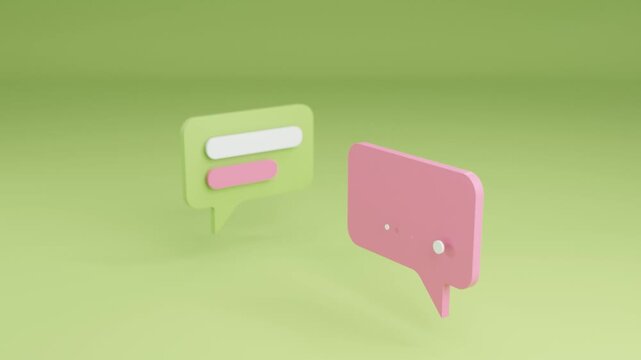 Vibrant 3D Animation of Floating Social Media Chat Bubbles in Green and Pink Over Clean Minimal Background Communication Concept Design for Messaging Apps, Online Interaction, Network Marketing and Di