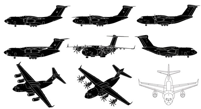 Heavy Military Cargo Aircraft Multi-Angle Vector Silhouette Set